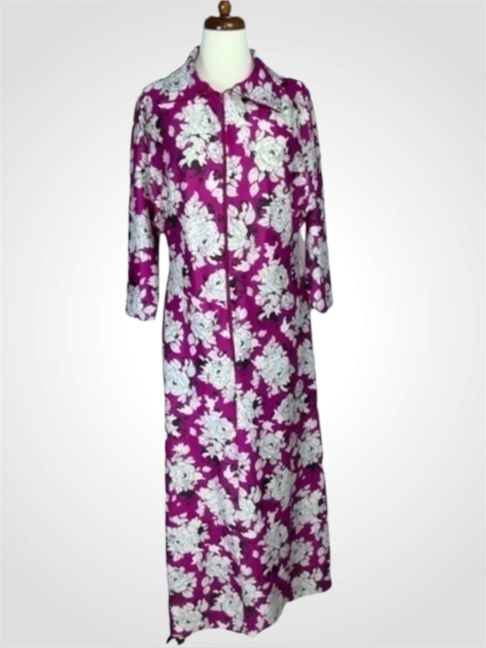 Granada Fushcia & White Floral Zip Front Maxi House Dress Med